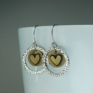 HAND CRAFTED Rustic Brass Silver Mixed Metal Heart Minimalist Dangle Earrings
